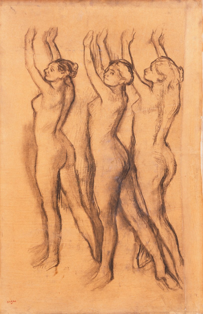 Tre dansare i bodys, med upphöjda armar, av Edgar Degas