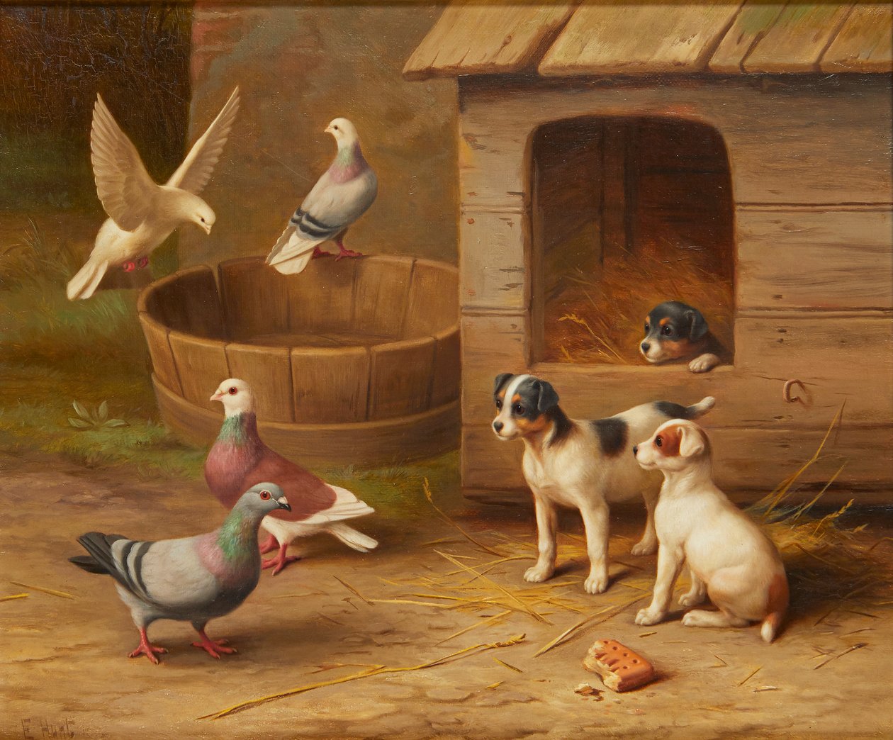 Puppies and Pigeons (olja på duk) av Edgar Hunt