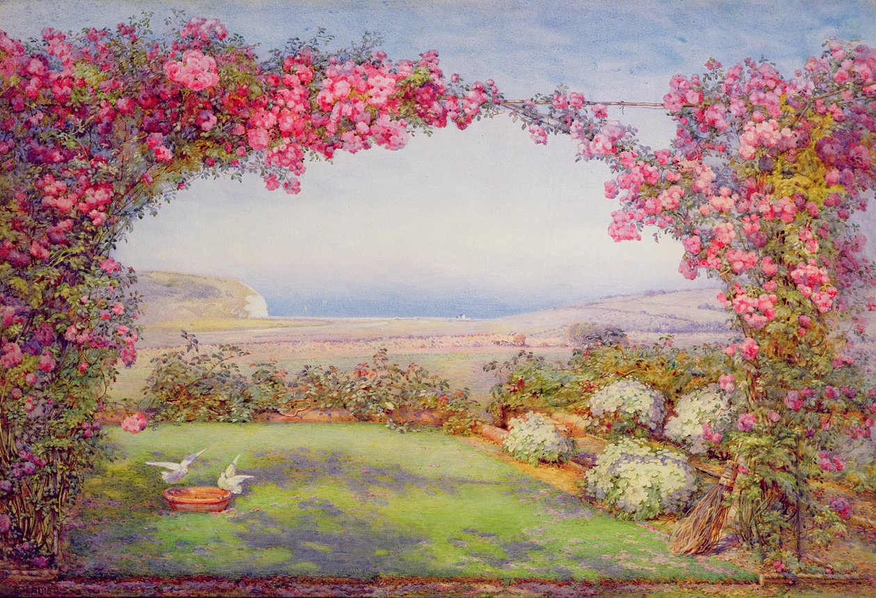 En trädgård med en rosenbåge av Edith Helena Adie