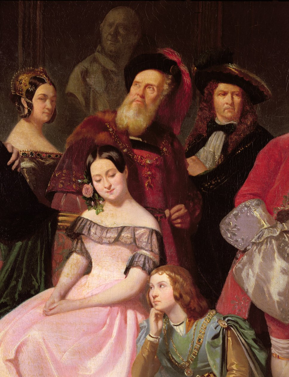 Medlemmar av Comedie-Francaise, L-R: Mlle Noblet, Mlle Plessis, Joanny (1775-1849) i kostym av Hernani, Mlle Anais, Perrier, 1840 (detalj av 163165) av Edmond Aime Florentin Geffroy