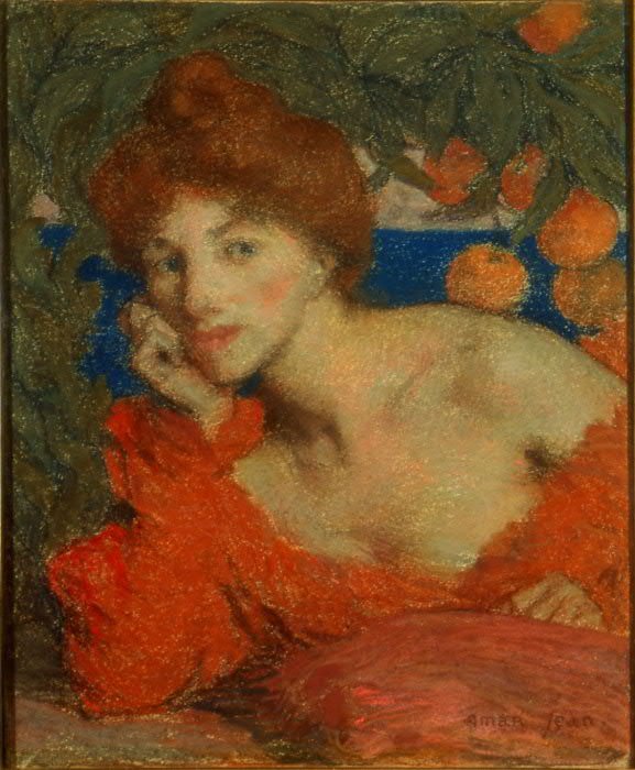 Sous les Orangers, femme a Amalfi. av Edmond Aman Jean