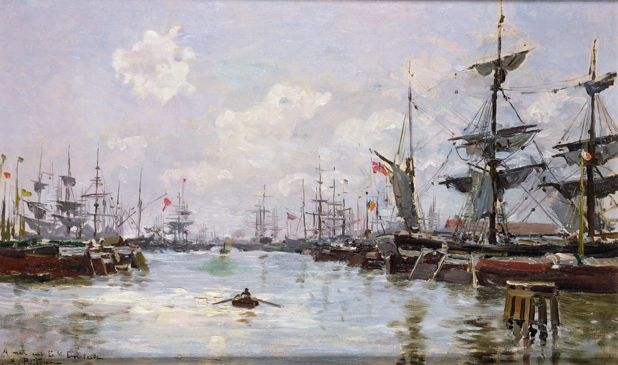 The Port (olja på duk på panel) av Edmond Petitjean