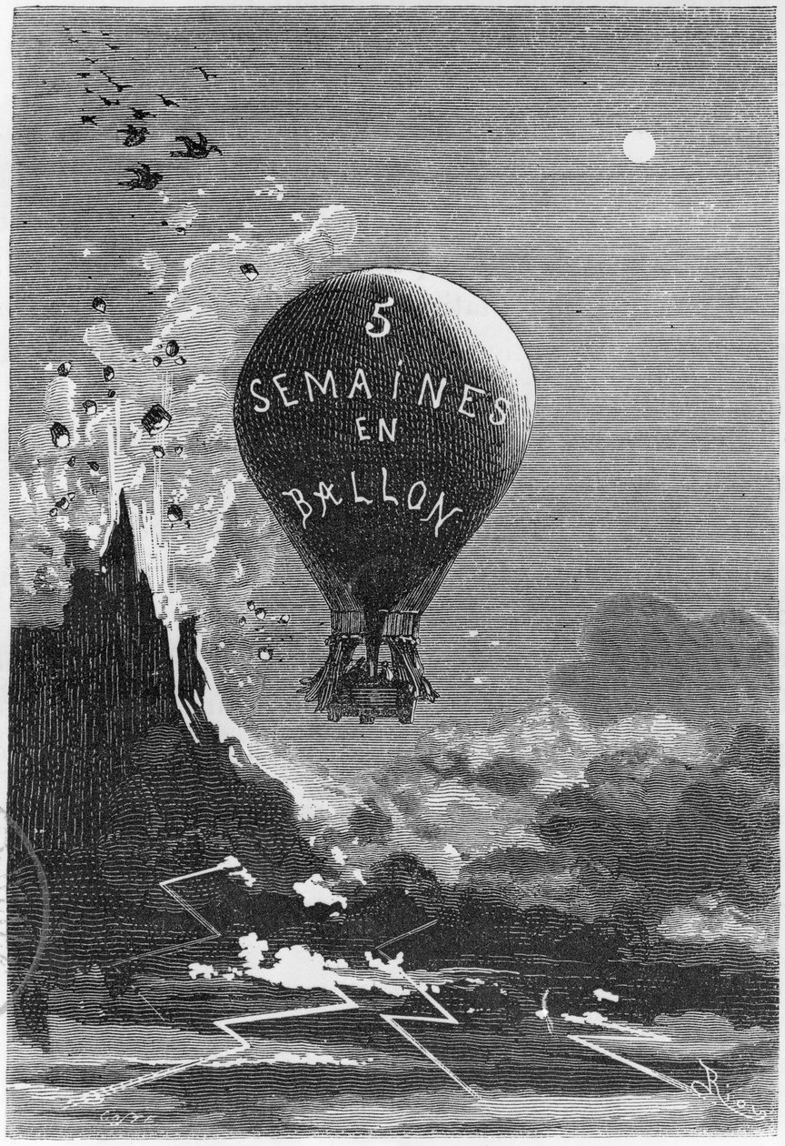 Frontispice till "Fem veckor i en ballong" av Jules Verne (1828-1905) av Edouard Riou