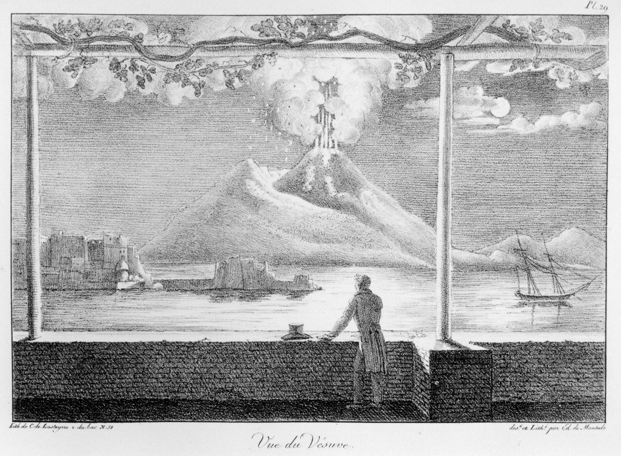 Vy över Vesuvius, från "Collection of maps and views of the voyage to America, Italy, Sicily and Egypt made during the years 1816-21" (Samling av kartor och vyer från resan till Amerika, Italien, Sicilien och Egypten 1816-21). av Edouard de Montule