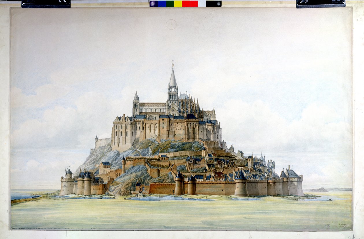 Projekt för restaurering av Mont Saint-Michel (södra sidan), mars 1875 (wc på papper) av Edouard Jules Corroyer