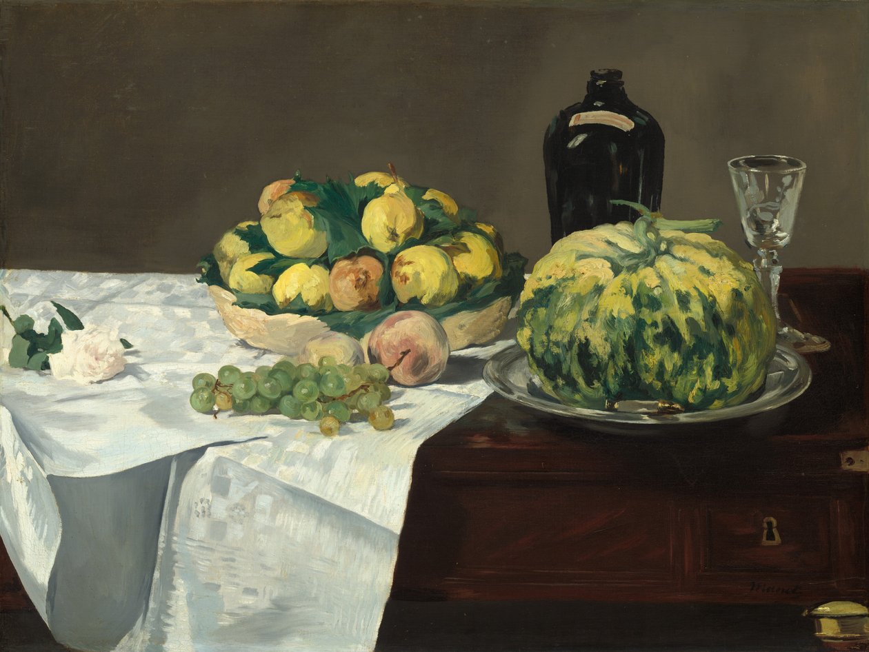 Stilleben med melon och persikor av Édouard Manet