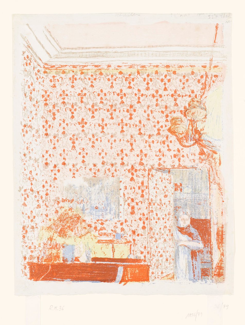 Inredning med rosa tapet I av Edouard Vuillard