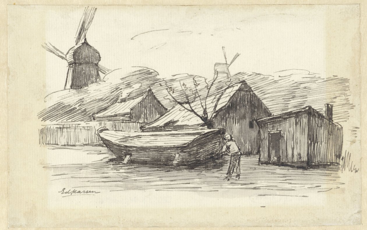 Båt, hus och en väderkvarn av Eduard Karsen