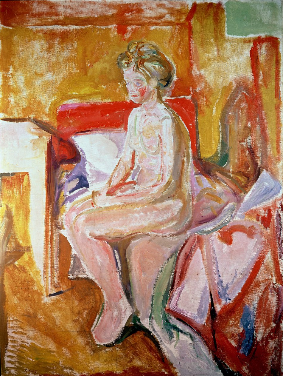 Flickan sitter på kanten av sin säng av Edvard Munch