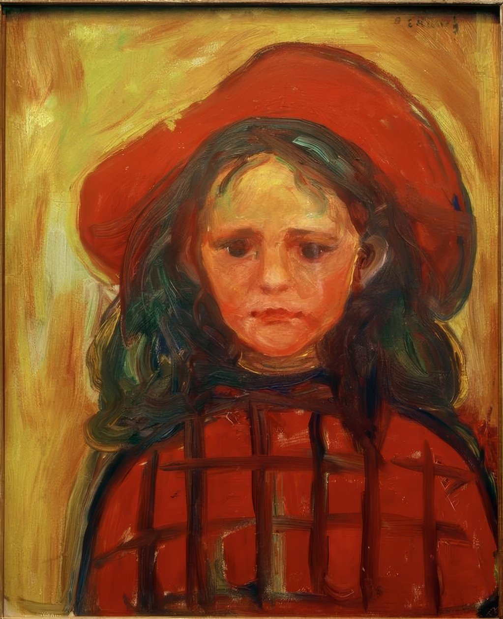 Flicka med en röd rutig klänning och röd hatt av Edvard Munch