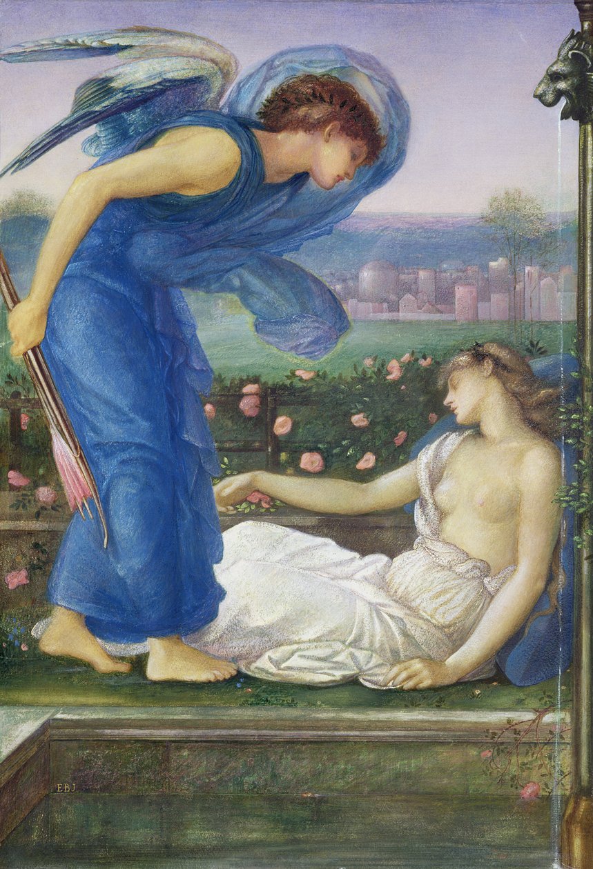Amor och psyke, ca 1865 (wc, kroppsfärg och pastell på papper monterad på linne) av Edward Burne Jones