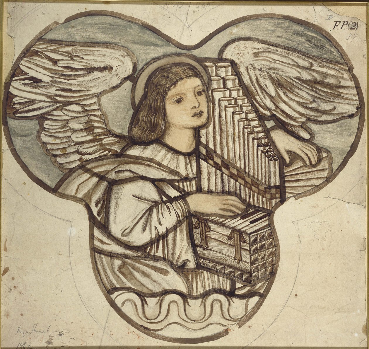 Design för målat glas i Lyndhurst Church: An Angel Organist, 1886 (brunt och blått tvättar över grafit) av Edward Burne Jones