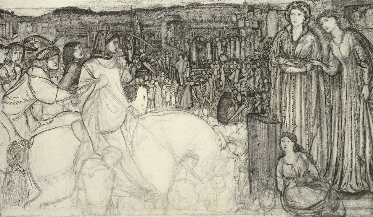 Gualdrada Donati överlämnar sin dotter till Buondelmente (penna och svart bläck med grafit på vitt papper) av Edward Burne Jones