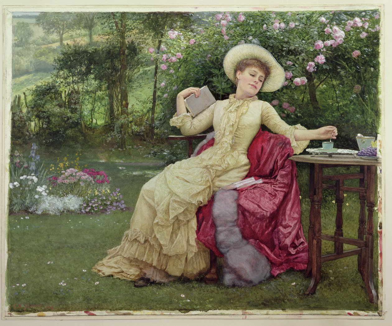 Dricker kaffe och läser i trädgården av Edward Killingworth Johnson