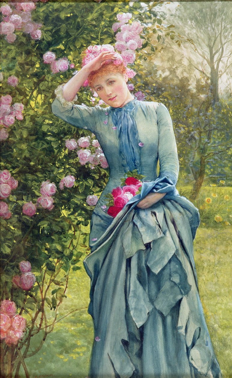 Gathering Roses, c.1880 (akvarell på papper) av Edward Killingworth Johnson