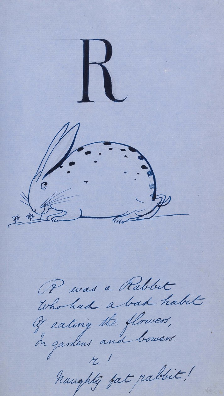 Nonsense Alphabet - R, 1860 (penna och bläck på blått papper med linne som underlag) av Edward Lear