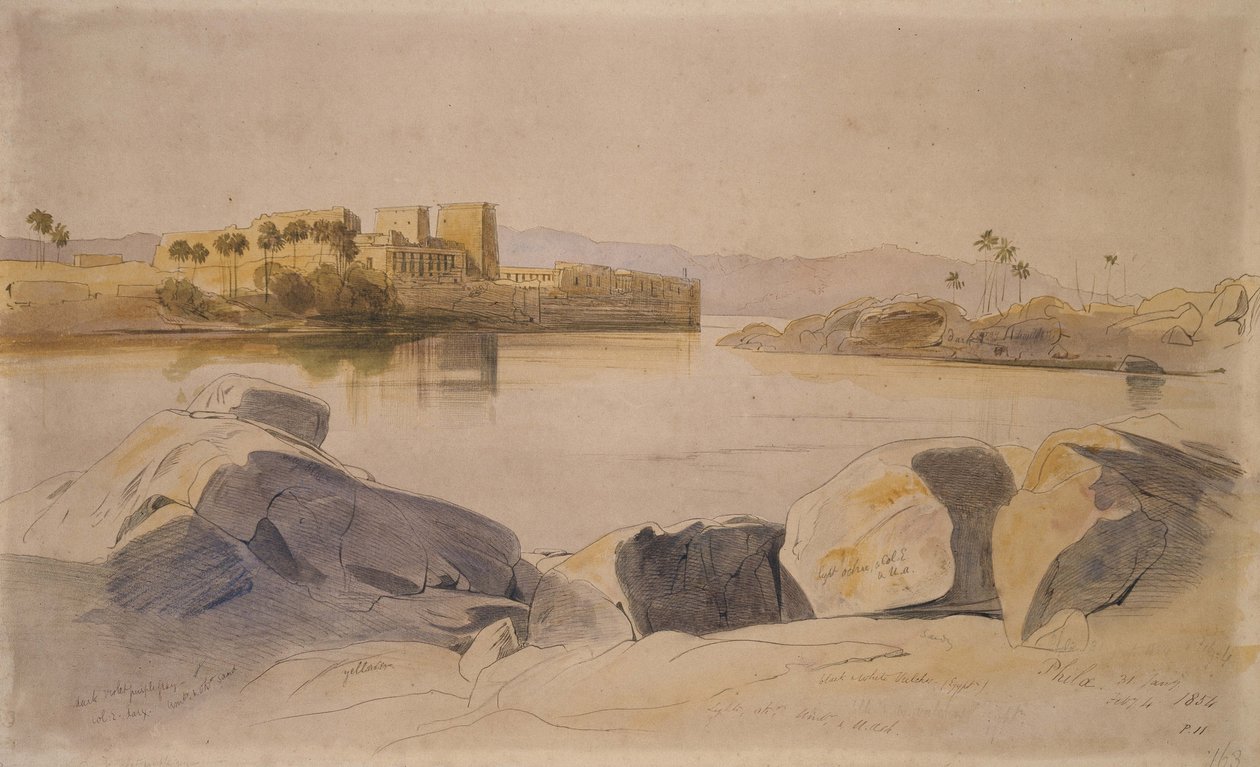 Philae, Egypten, 1854 (Penna och svart bläck, grafit och akvarell på brunt papper) av Edward Lear