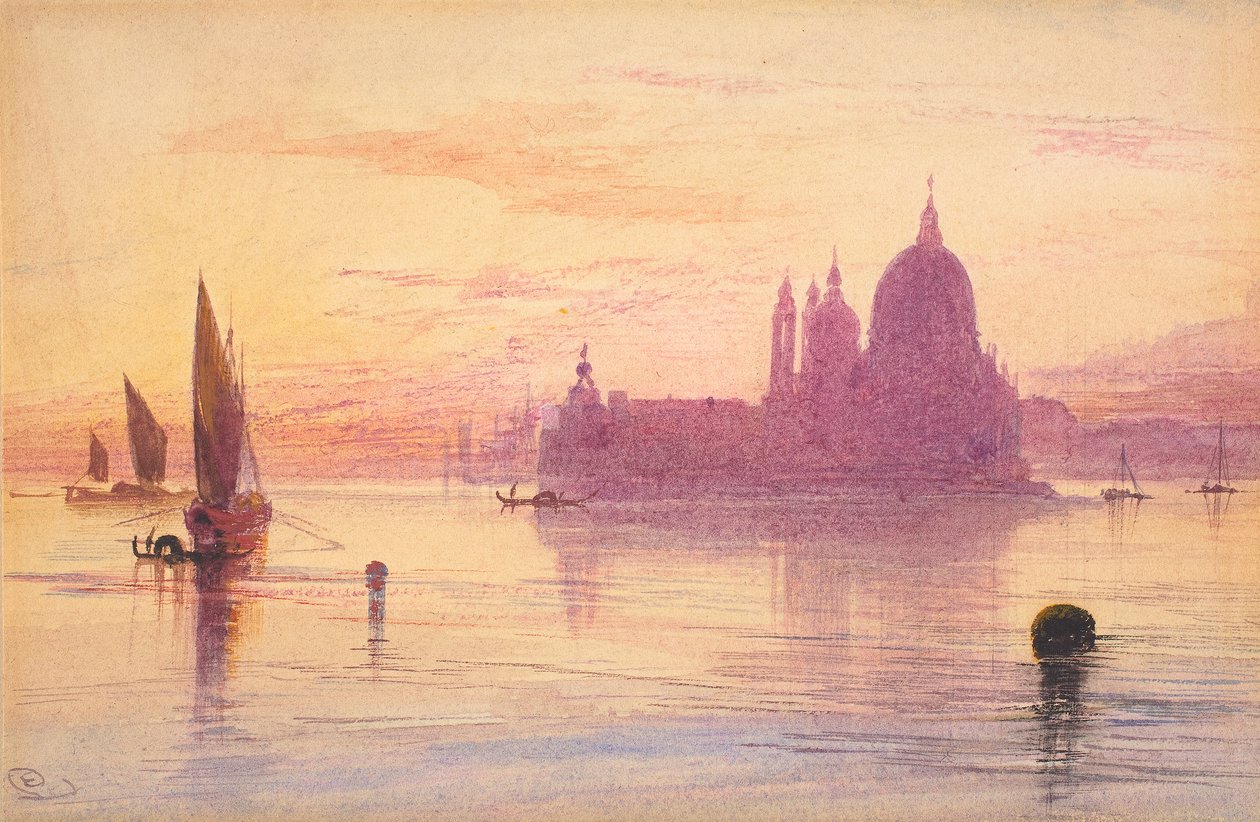 Santa Maria della Salute, Venedig, vid solnedgången, 1865-84 (akvarell och gouache över grafit på vävt papper) av Edward Lear