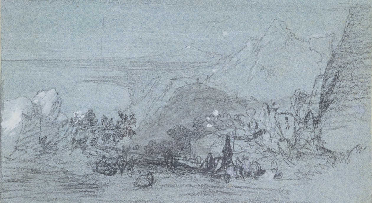 Taormina, från "Utsikter över Sicilien" (krita och gouache på blått papper) av Edward Lear