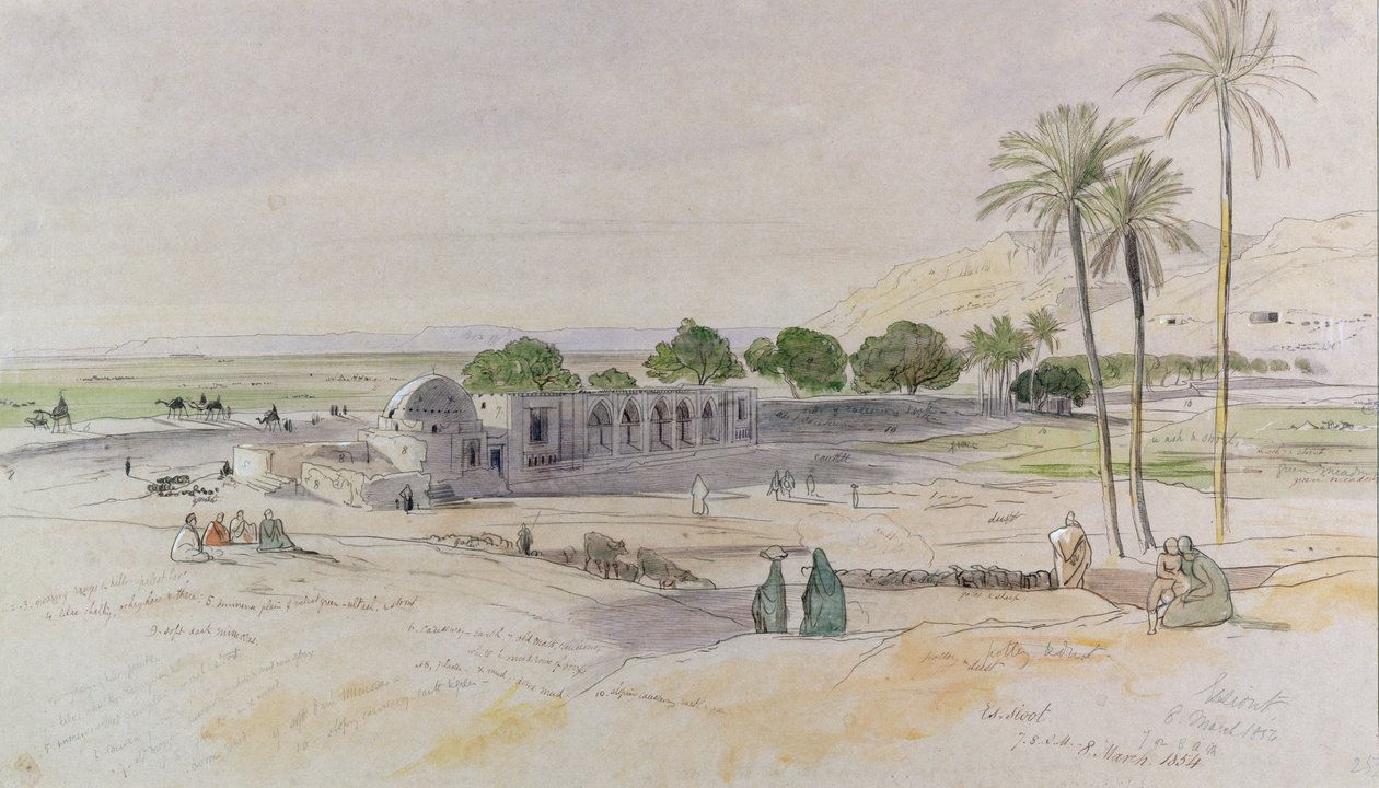 The Wadi, Es-Sioot, Egypten, 1854 (wc, penna och bläck) av Edward Lear