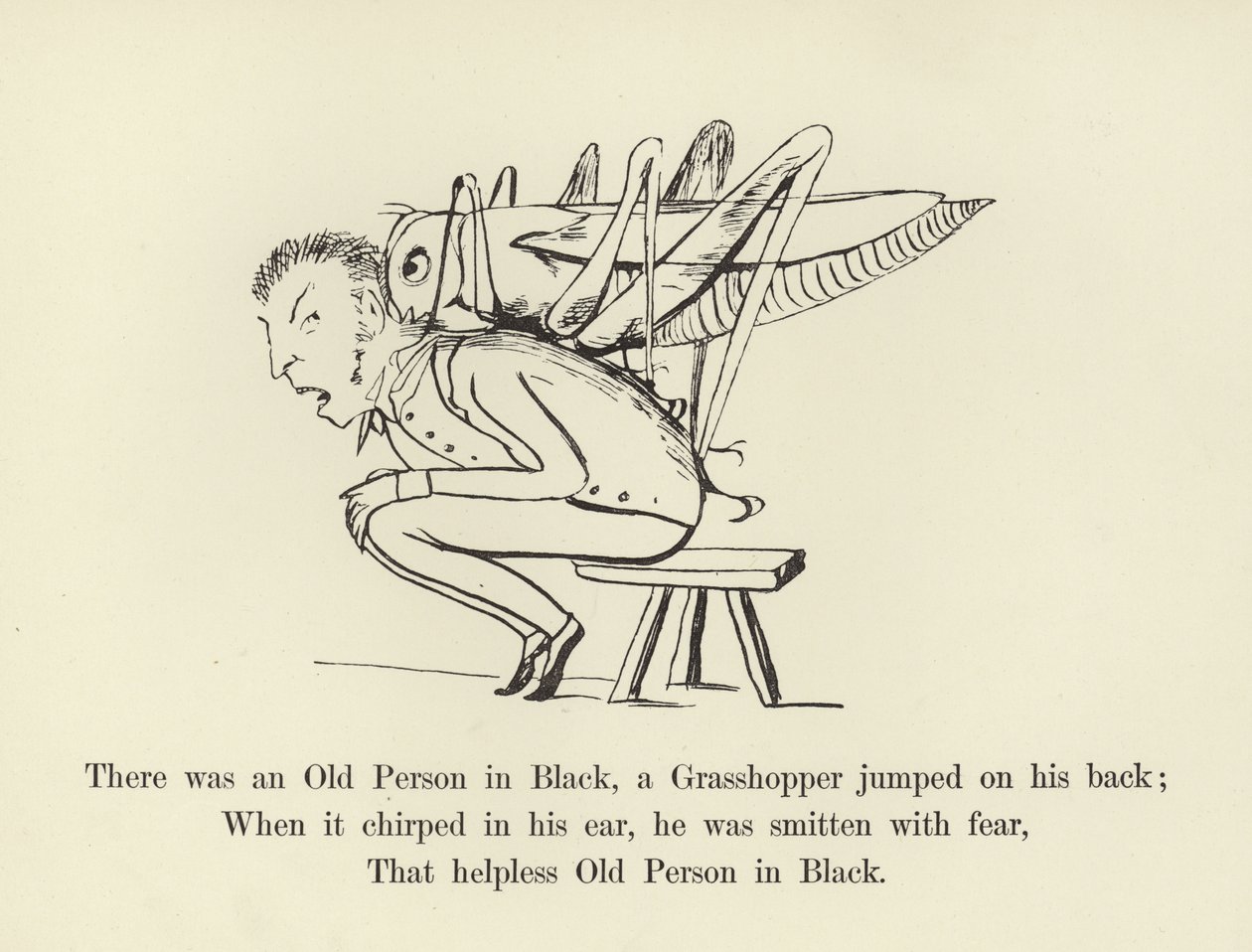 Det fanns en gammal person i svart, en gräshoppa hoppade på hans rygg. av Edward Lear