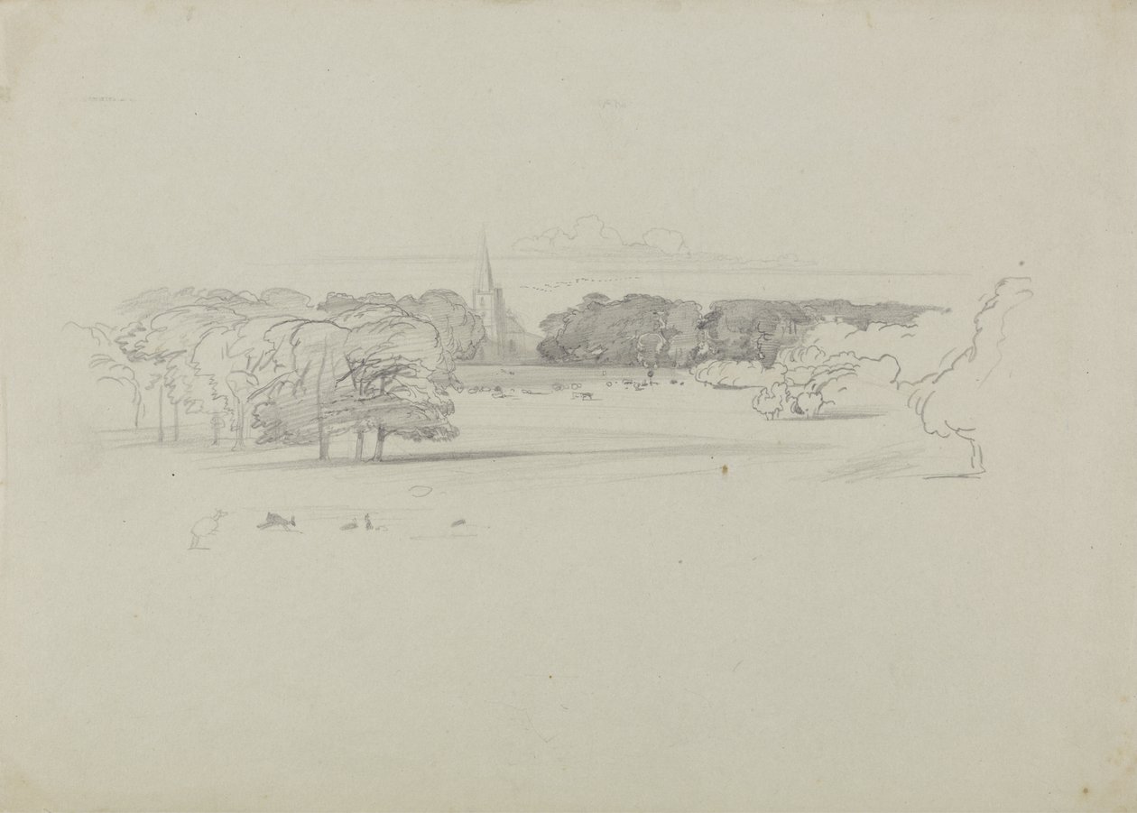 Utsikt över en äng till en kyrka av Edward Lear