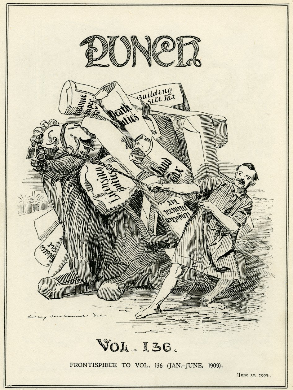 John Bull, avbildad som en kamel, är ovillig att bära de nya skattebördan som Lloyd George införde i 