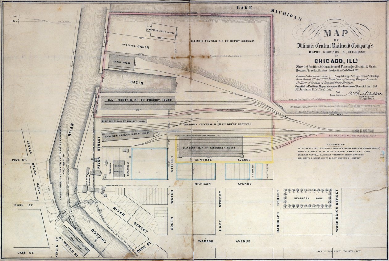 Karta över Illinois Central Railroad Companys depåområden och byggnader i Chicago, 1855 av Edward Mendel