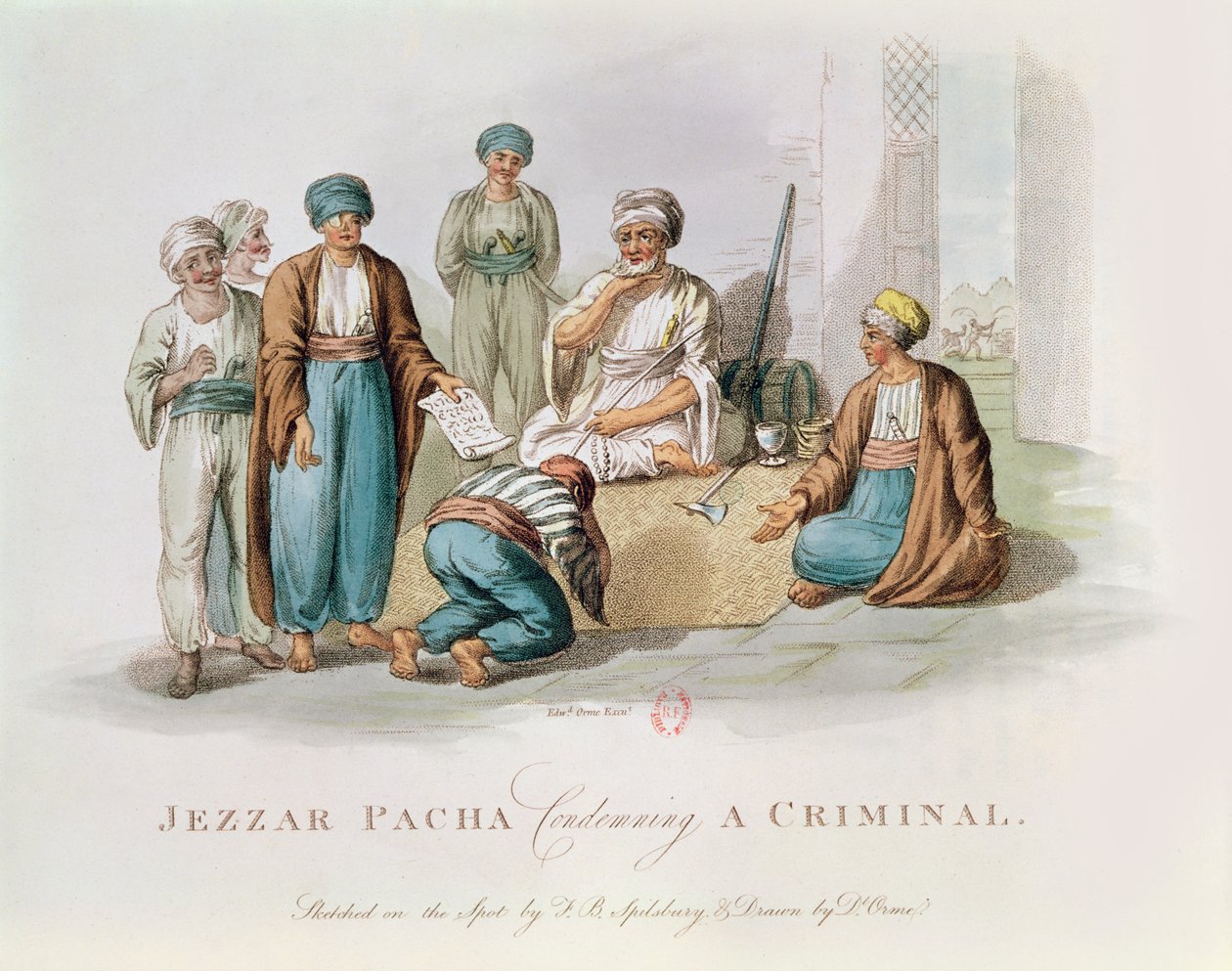 Jezzar Pacha c.1720-1804 fördömer en brottsling färggravyr av Edward Orme