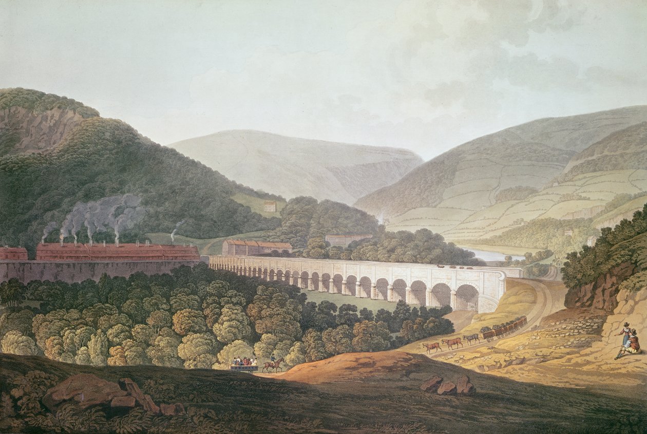 Vy över en stenbro över dalen och floden vid Risca i Monmouthshire (färggravyr) av Edward Pugh
