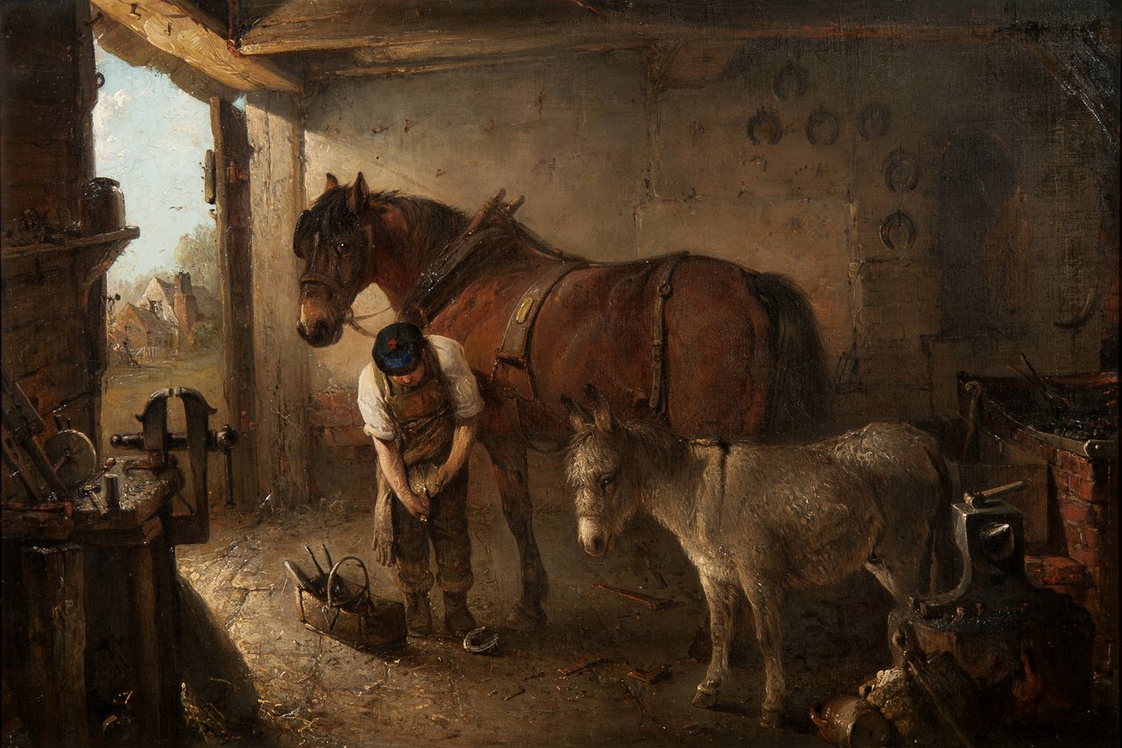 En hovslagare som skoar en ploghäst, med en åsna, i en smidesinredning. av Edward Robert Smythe