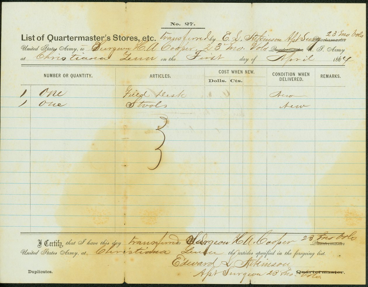 Lists stores transferred by Atkinson to surgeon H. A. Cooper, 23rd Missouri Volunteer Infantry av Edward S. Atkinson