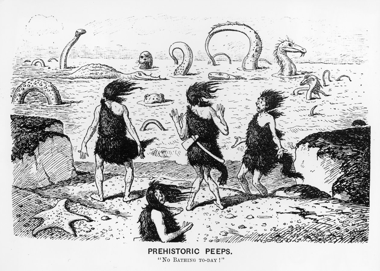 Förhistoriska peeps, "No Bathing Today", 1884 (penna och bläck) av Edward Tennyson Reed