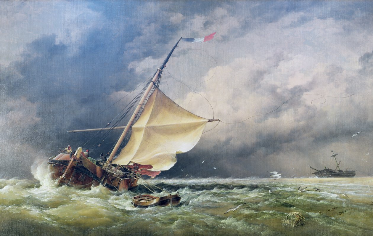 En holländsk Beurtman på grund på Terschelling Sands eller I Nordsjön efter en snöstorm, 1865 av Edward William Cooke