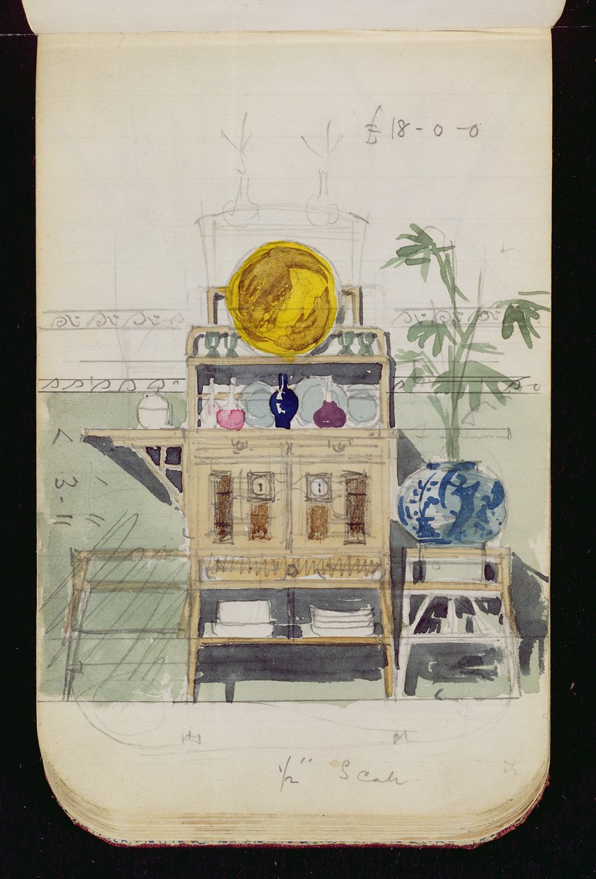 Design för en skänk, ca 1860-70-tal (wc och penna på papper) av Edward William Godwin