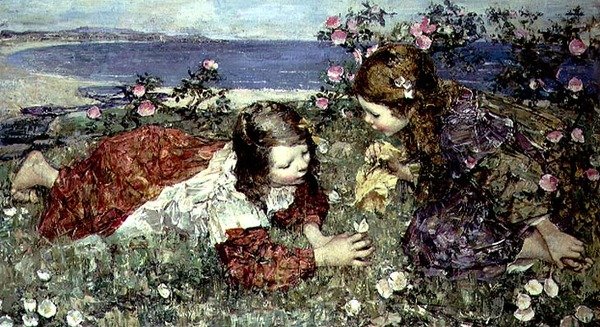 Fjärilar (olja på panel) av Edward Atkinson Hornel
