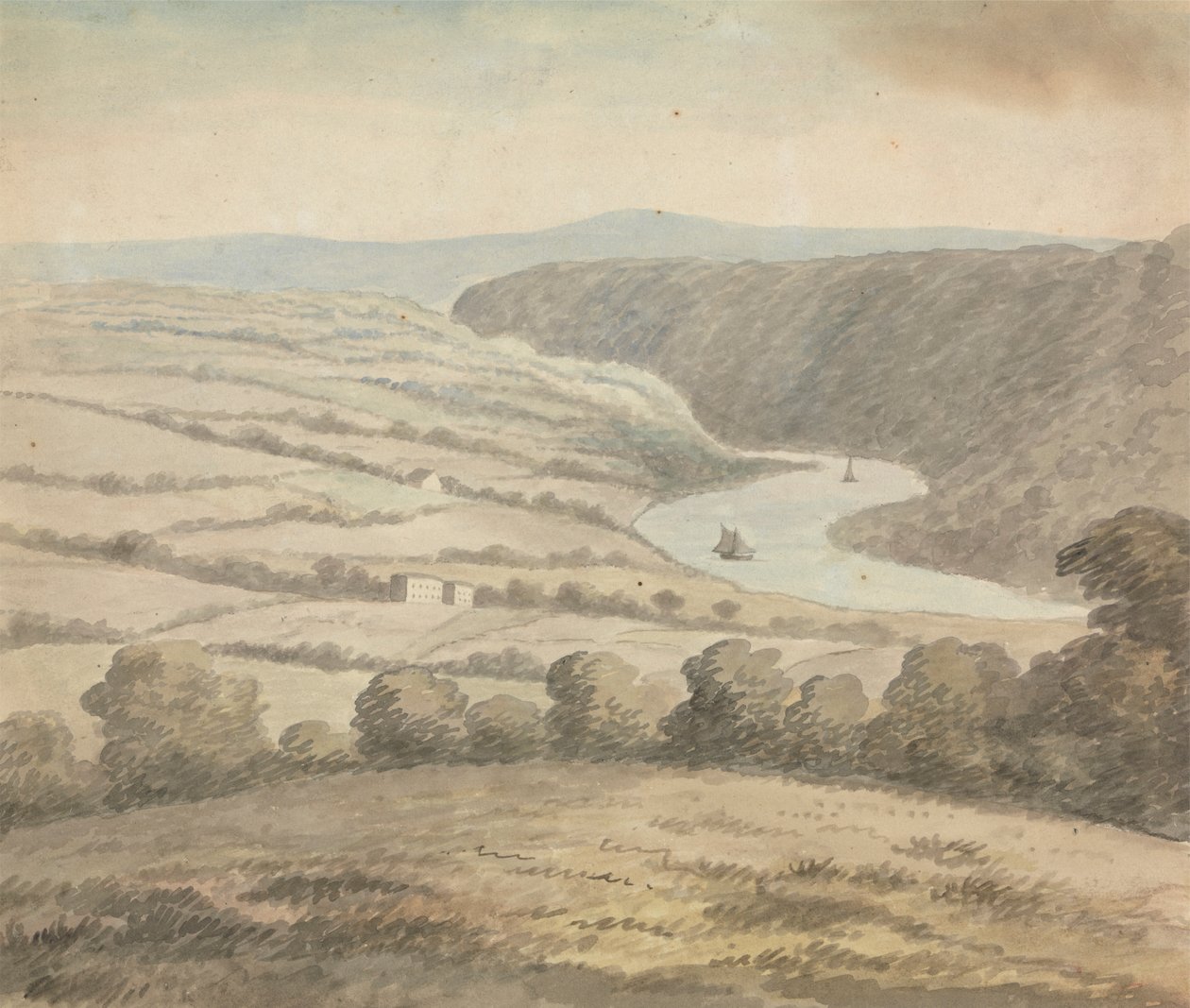 Flodlandskap med båtar av Edward Francis Burney