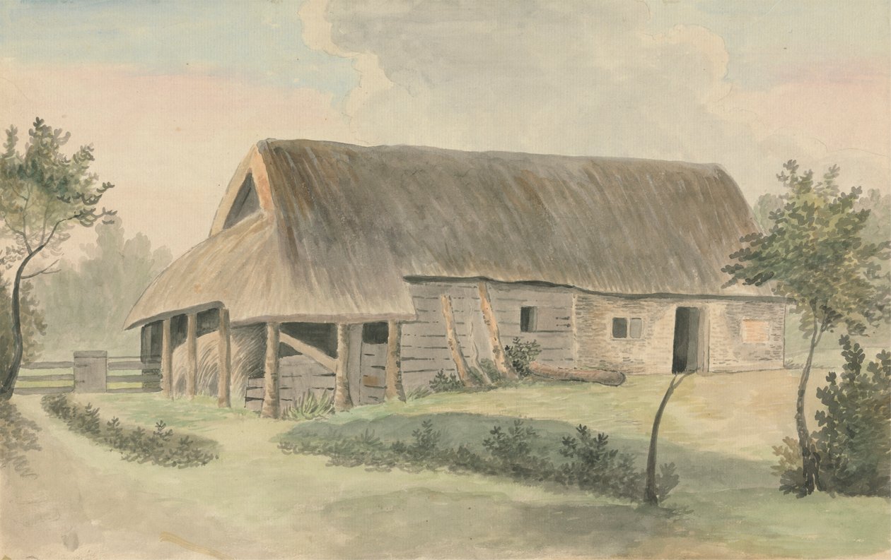 Ladugård med halmtak av Edward Francis Burney