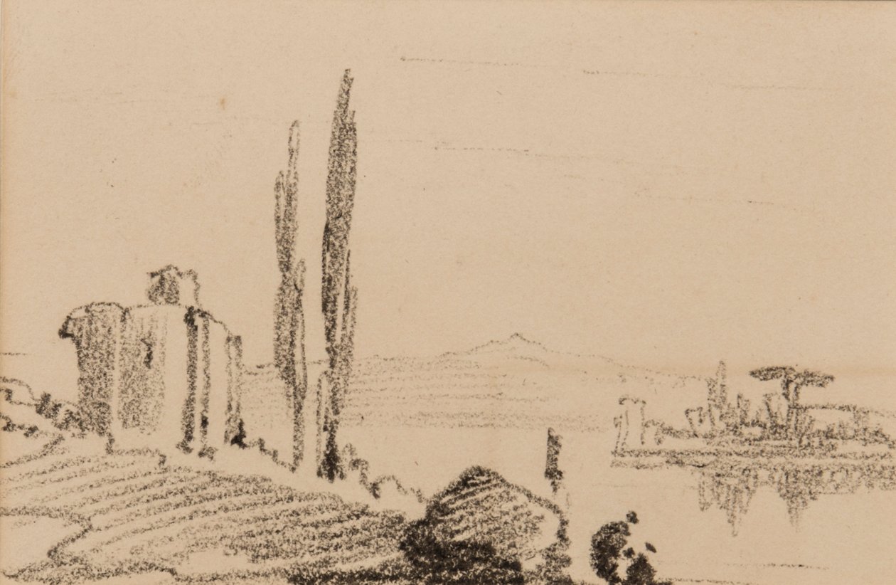 Italiensk capriccio, ca 1837 (svart krita på papper) av Edward Lear