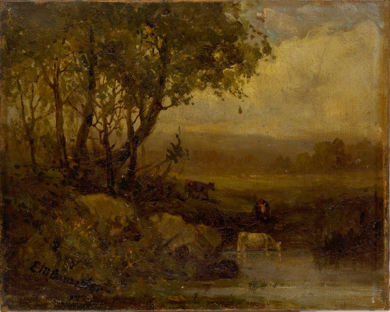 Utan titel (landskap, flodbank, tre kor) av Edward Mitchell Bannister