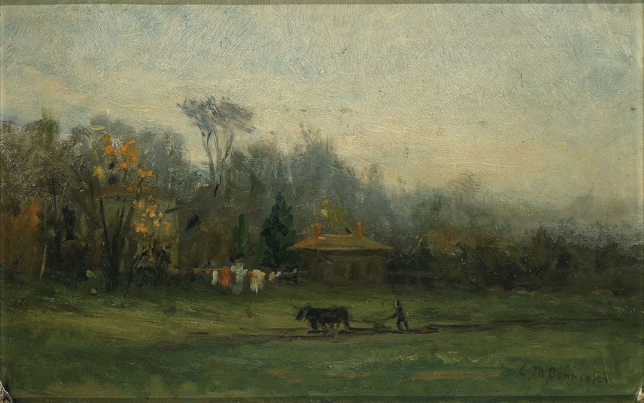 Utan titel (landskap med man som plöjer fält) av Edward Mitchell Bannister