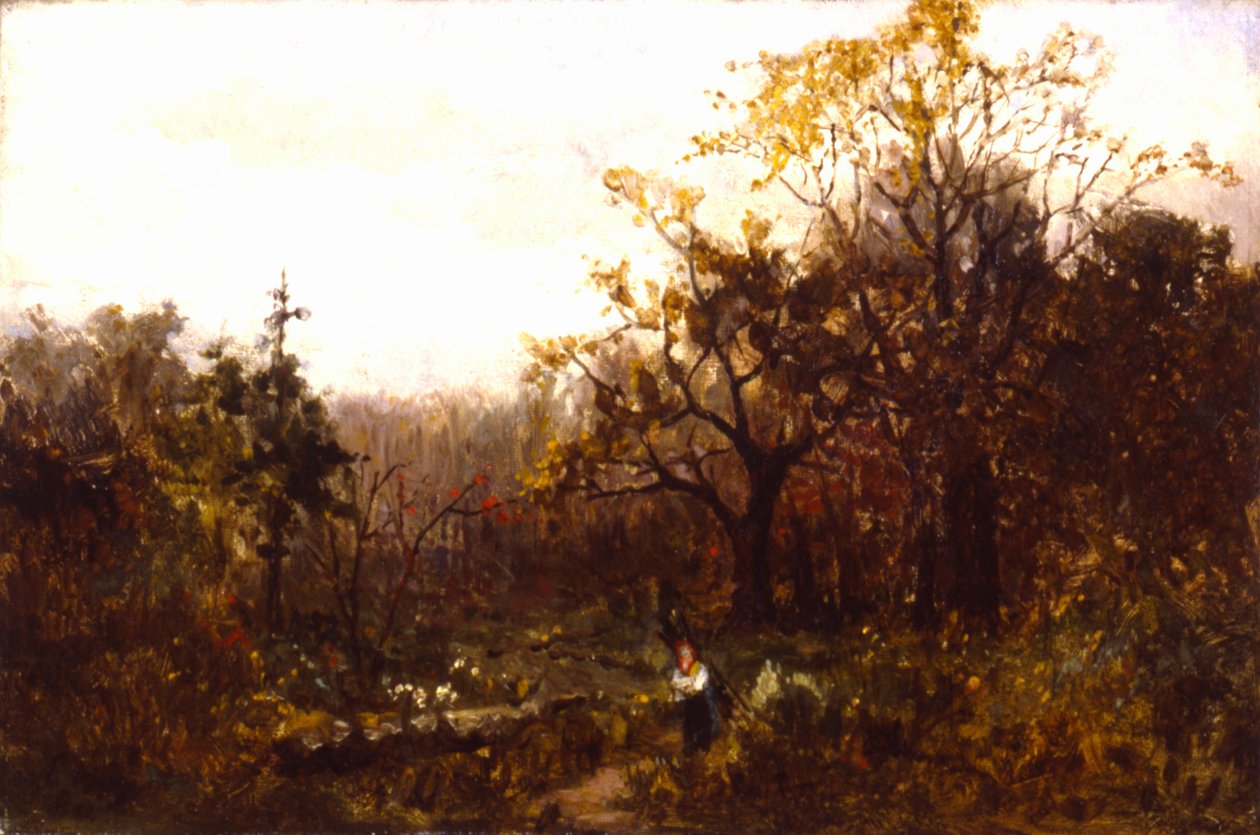 Namnlös landskap--kvinna som bär trä. av Edward Mitchell Bannister