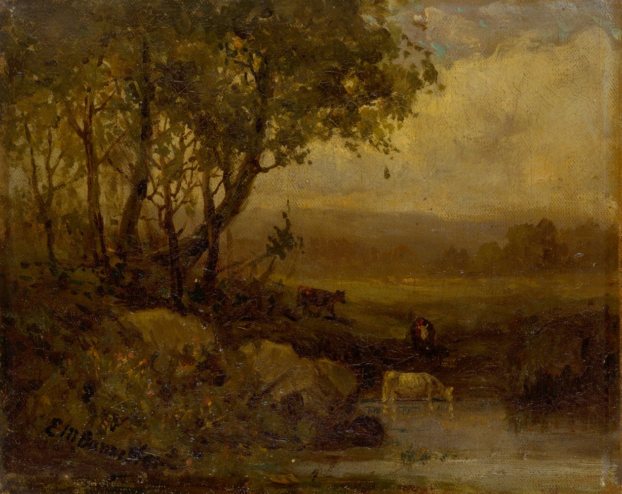 Namnlöst landskap, flodstrand, tre kor. av Edward Mitchell Bannister