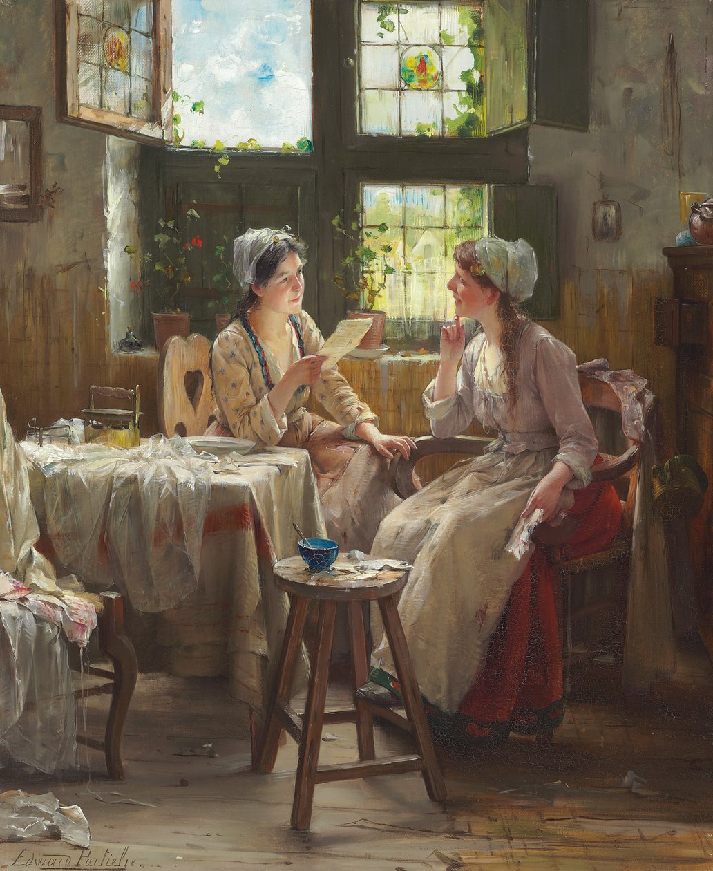 The Good News (olja på duk) av Edward Portielje