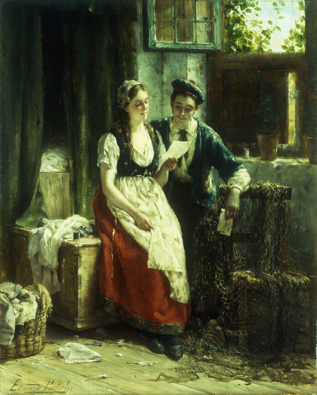 The Letter (olja på panel) av Edward Portielje