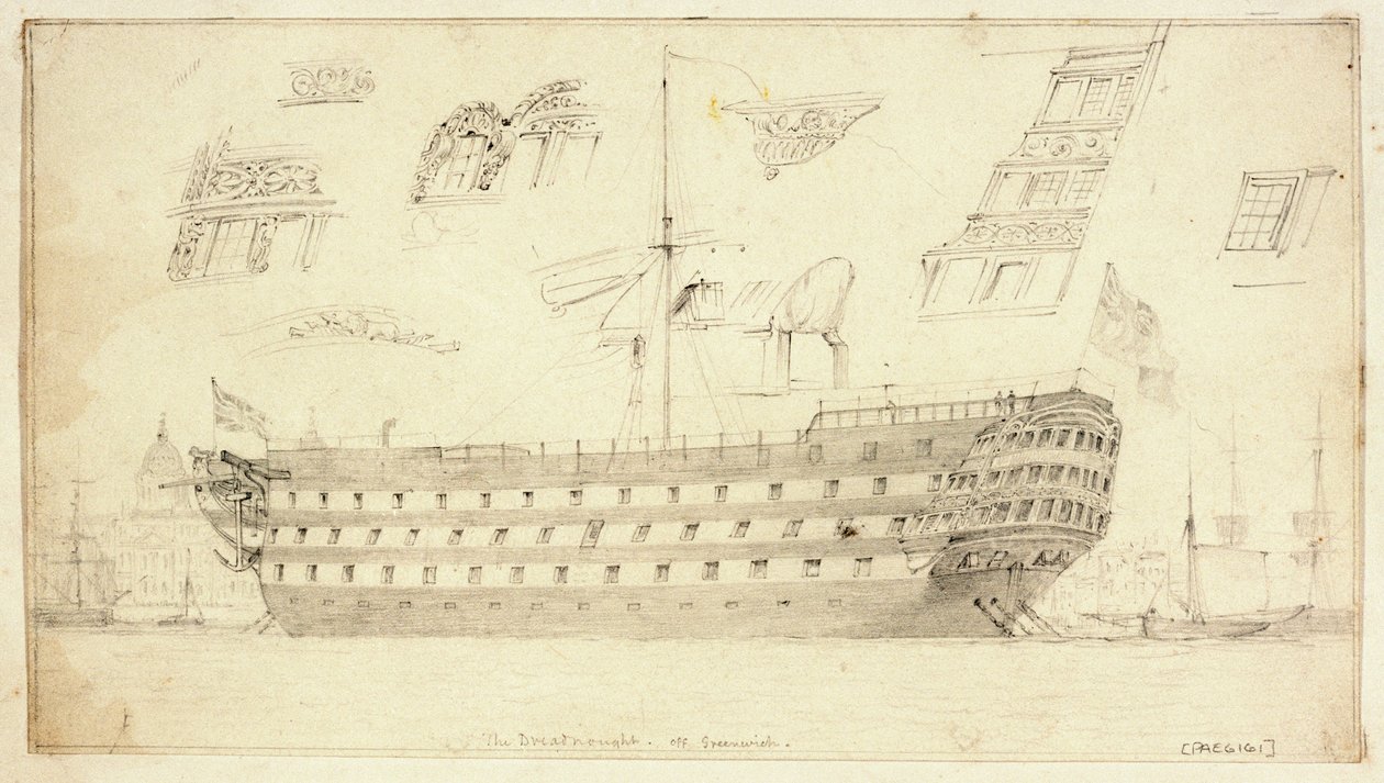 "Dreadnought" utanför Greenwich, ca 1830 (grafit) av Edward William Cooke