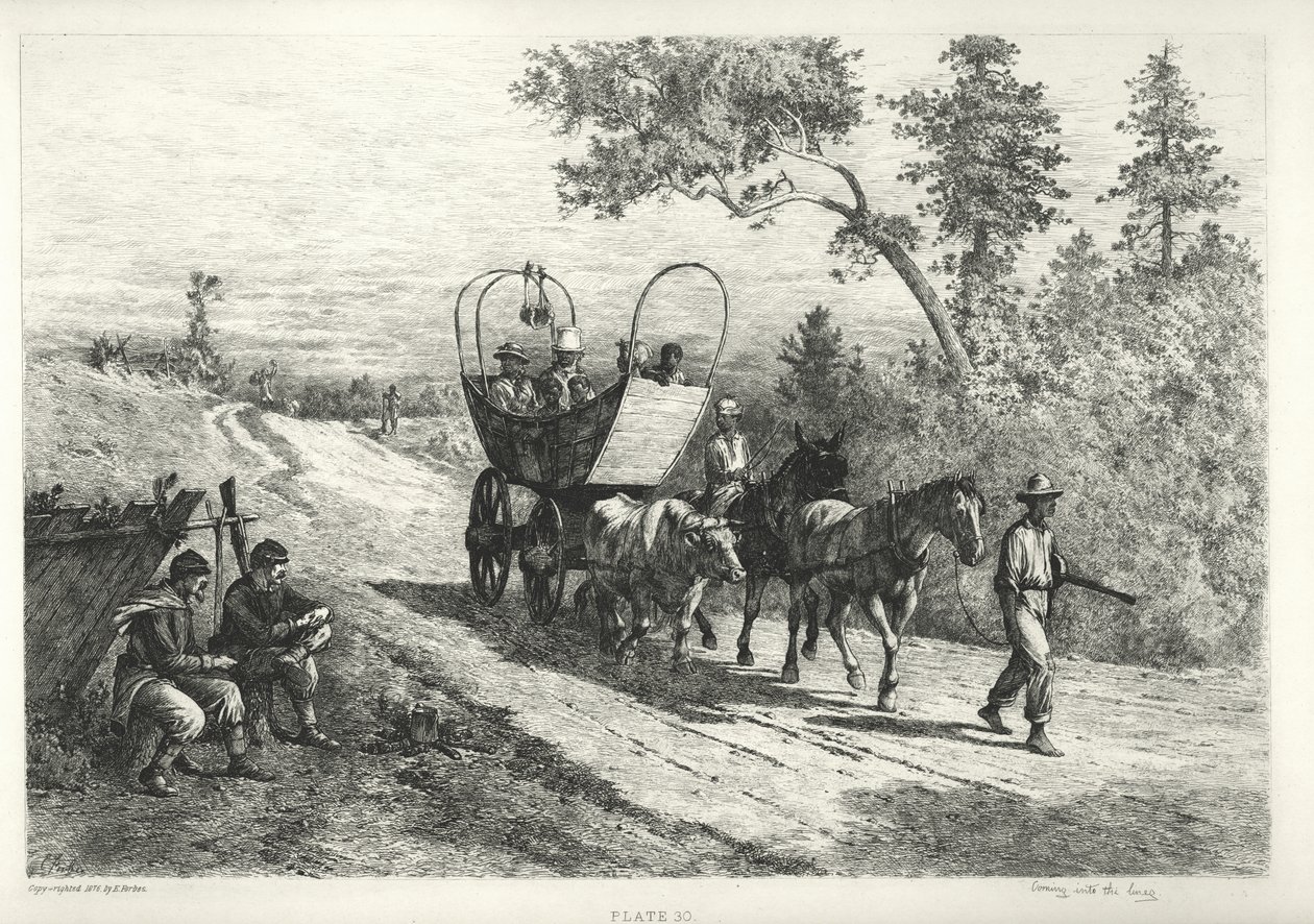 Print of a carriage being drawn by an ox, mule, and horse av Edwin Austin Forbes