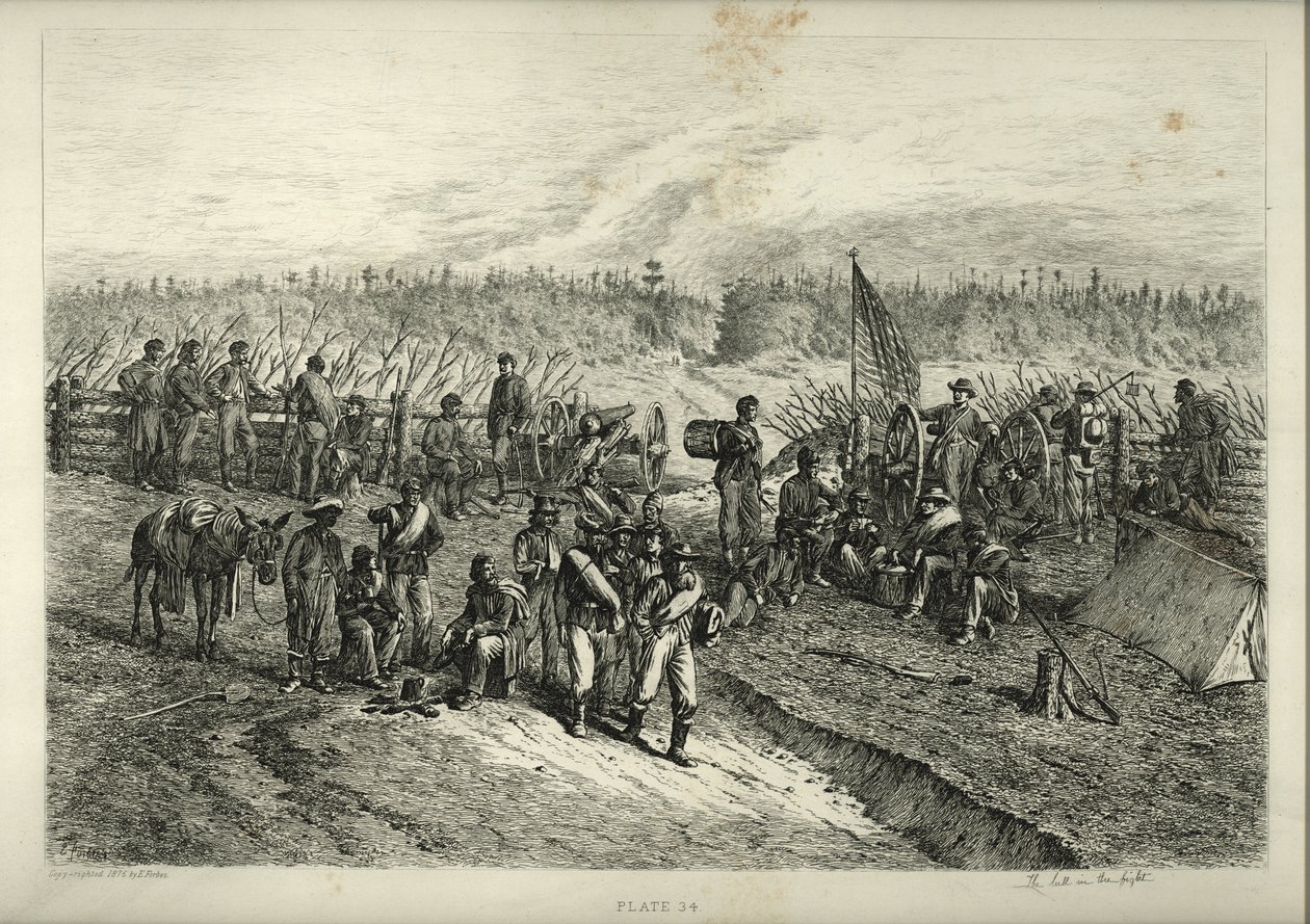 Print of soldiers waiting on the front lines behind a barricade. Three soldiers and an African American man with a mule are standing and sitting around a campfire, while a group of other soldiers walks by. av Edwin Austin Forbes