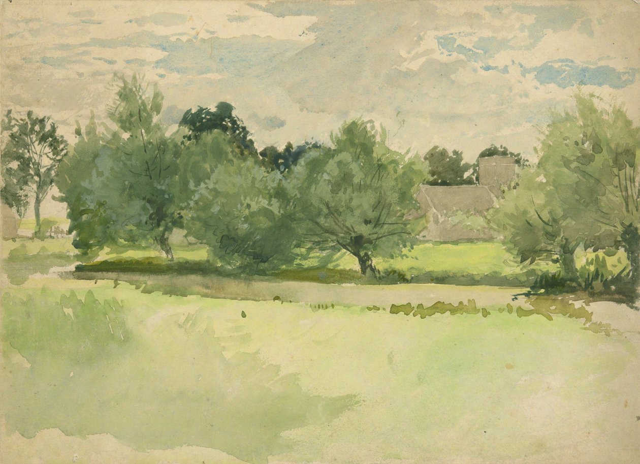 Landskap: Äng. Kyrka i bakgrunden av Edwin Austin Abbey