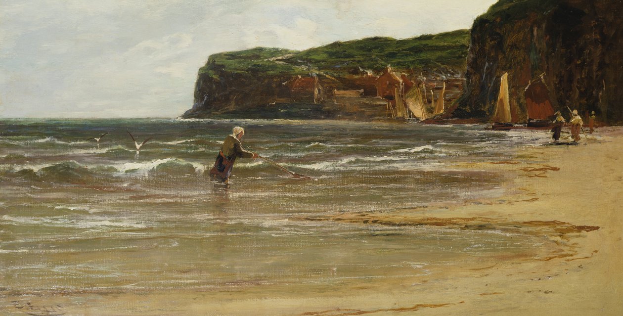 Kustvy med kvinna som räkor, ca 1900 av Edwin Ellis